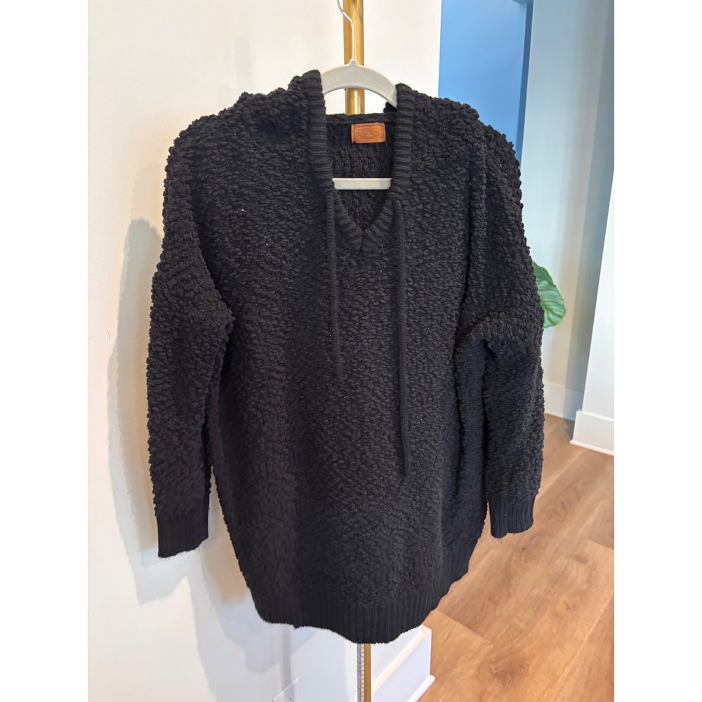 POL Womens Black Popcorn‎ Knit Hoodie Oversized Open Back Sweater Small